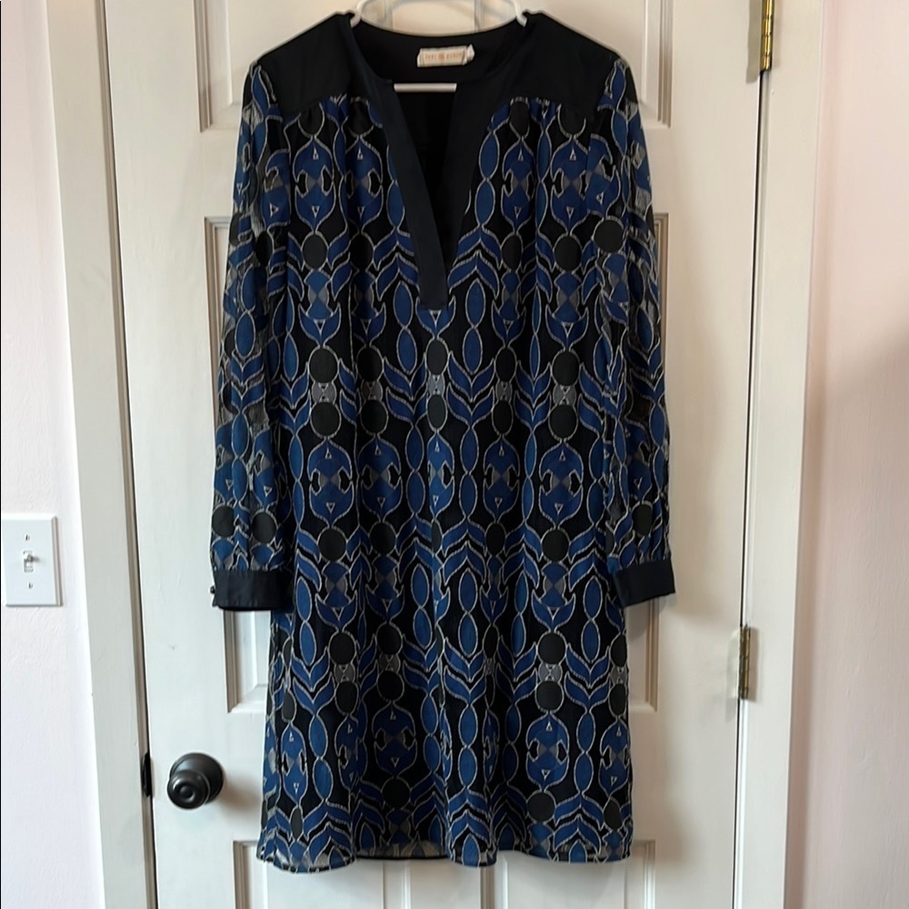 Tory Burch Elegant Blue and Black Geometric Sheath Midi Dress - Size Large